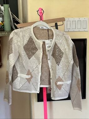 Zara Cream and Tan Sequined Argyle Cropped Cardigan NWT